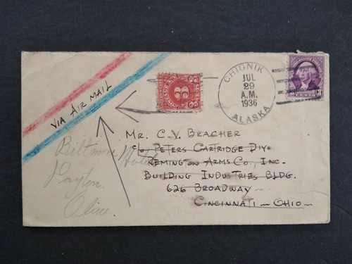 Alaska: Cubierta de correo aéreo Chignik 1936, carta a Ohio enviada con 3c franqueo adeudado - Imagen 2 de 6