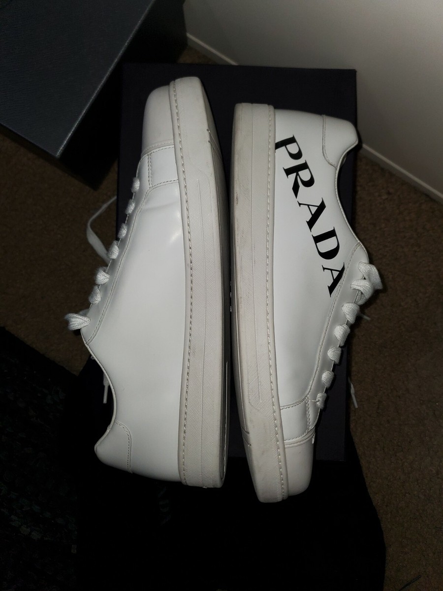 PRADA WHITE SNEAKERS SHOES 4E3543 LEATHER BLACK LOGO US 10 $795 | eBay