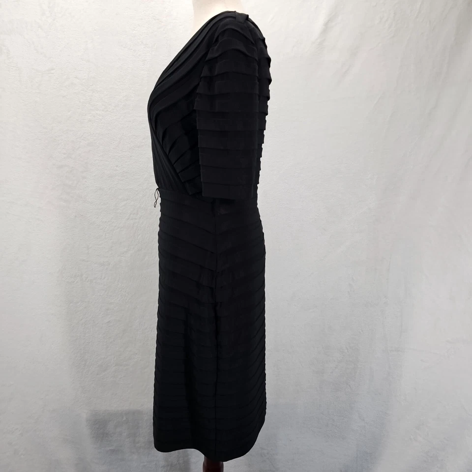 Adrianna Papell Dress Womens Sz 8 Black Pleated Faux Wrap V-Neck 3/4 Sleeve Work - Image 2 of 4