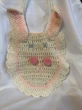 Vintage Handmade Crocheted Bunny Face White/ Pink Baby Bib Tie Back 8  X 8  