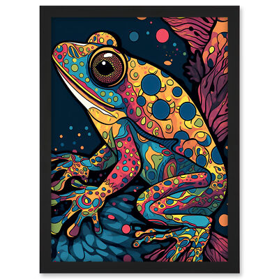 Frosch Portrait Gemälde bunt psychedelisch Wassertier gerahmt Kunstdruck A3