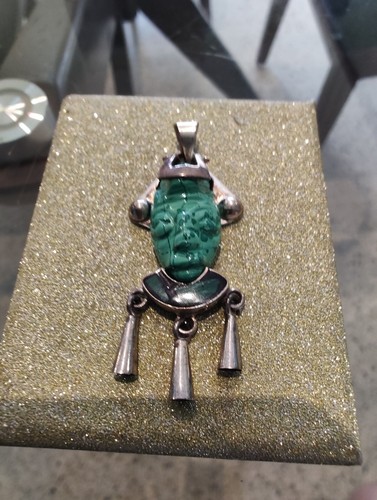 Vintage Taxco Mexico Sterling Silver Carved Turquoise Aztec Mask Dangle Pendant - 第 1/4 張圖片