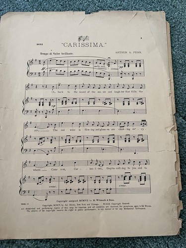 Vintage 1907 Carissima Waltz Ballad by Arthur A Penn Sheet Music - Picture 5 of 8