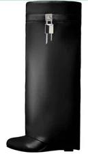 Arqa Fold Over Knee High Boots for Women Covered Wedge Heel Padlock Boot