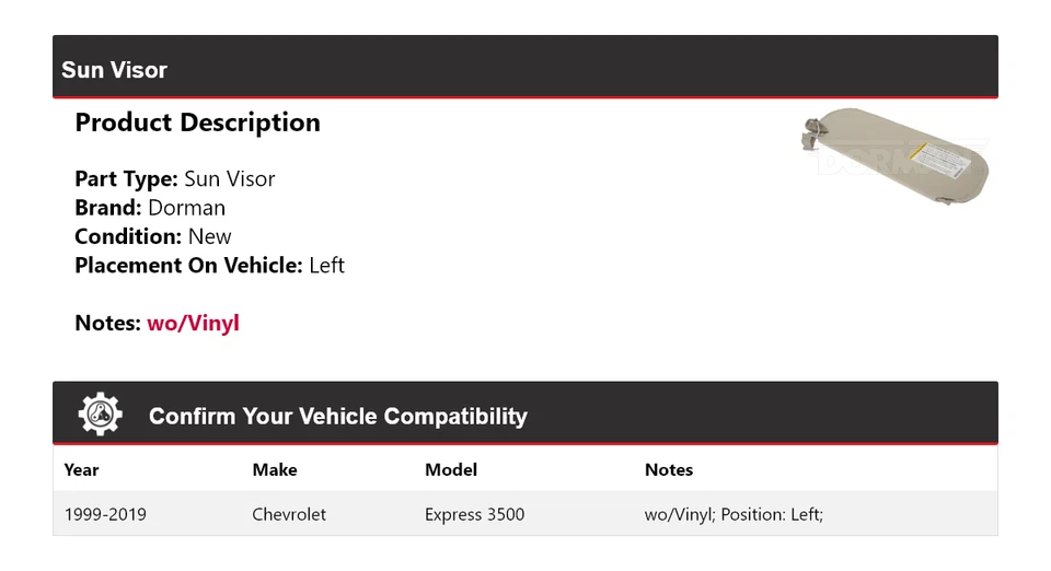 Para 1999-2019 Chevrolet Express 3500 Dorman Sun Visor Left 2000 2001 2002 2003 - Imagem 2 de 4
