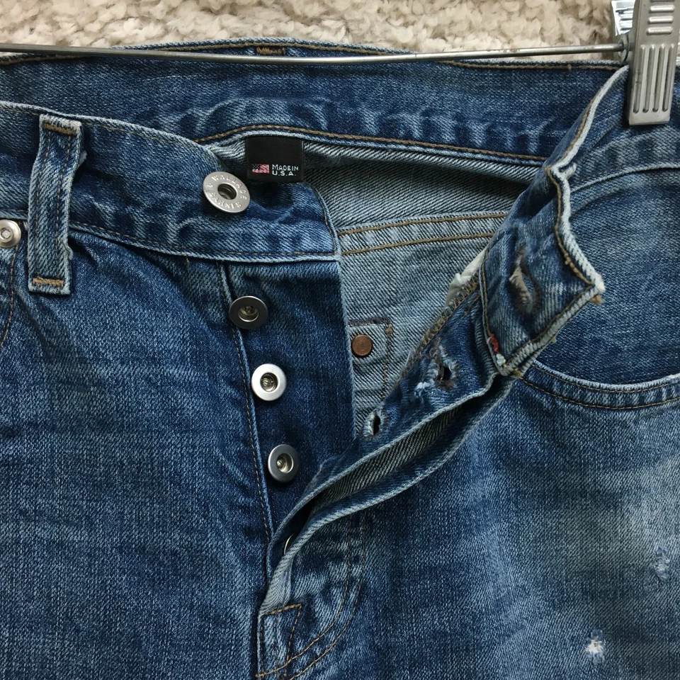 Pantalones de mezclilla Wallace Barnes 28x32 para hombre ribete azul recto ajustados desgastados botón mosca Foto 3 de 4