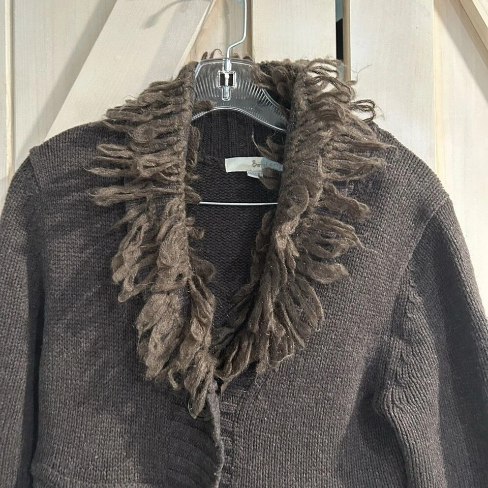 Boden 女式羊毛针织开衫毛衣 8 棕色口袋纽扣人造毛皮 — 第 2/4 张图片