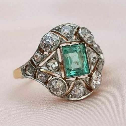 2.20 Ct Natural Emerald Art Deco Antique Vintage Wedding Ring 14K Yellow Gold FN