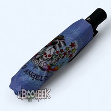 Ed Hardy Auto Open Close Umbrella Blue Death Glory Los Angeles Tattoo NEW Y2K