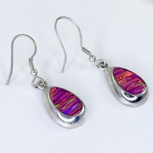 Opal Red Pink Drop Earrings Sterling Silver Bezel Set Stone Dangle 925