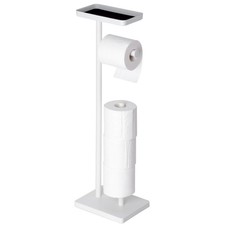 White Holder Stand with Metal Top Shelf, Free Standing Bathroom Tissue Roll H...