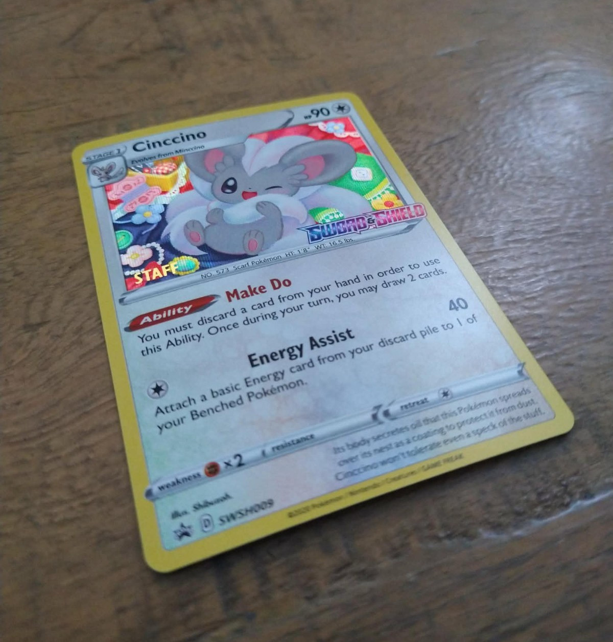 Cinccino SWSH009 STAFF Pre Release Promo Sword & Shield Pokemon Card NM