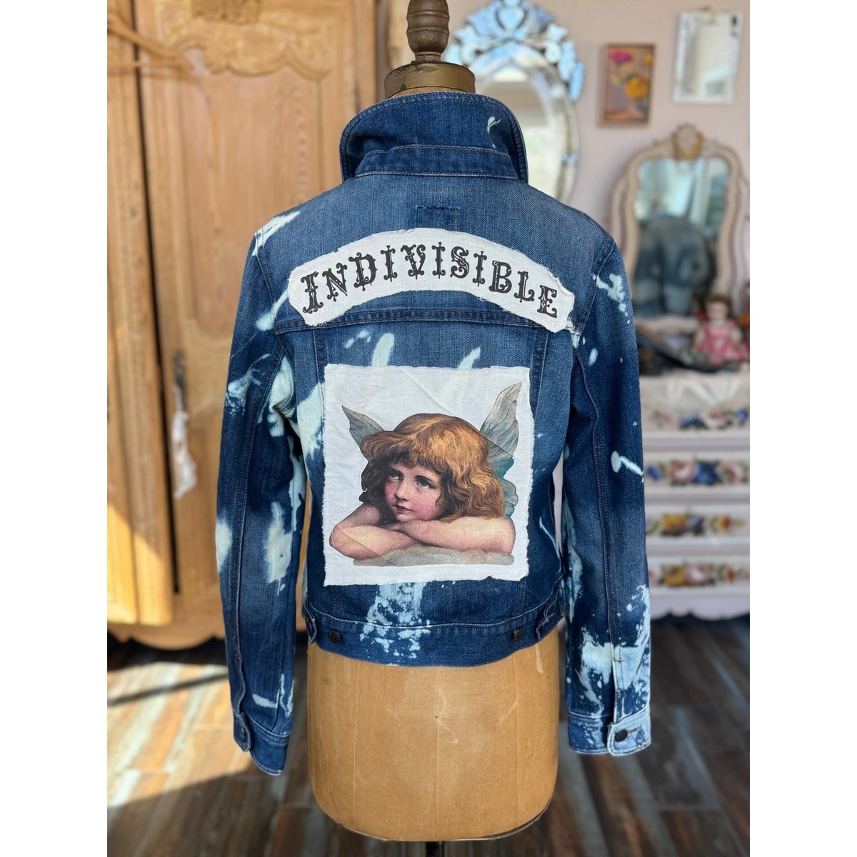 Upcycled Denim Jacket Angel Patch INDIVISIBLE Bleach Splatter M View 3