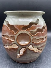 Artisan Pottery Cut Out Vessel Candle Holder  Signed Brim 03 VMB 5” Tall