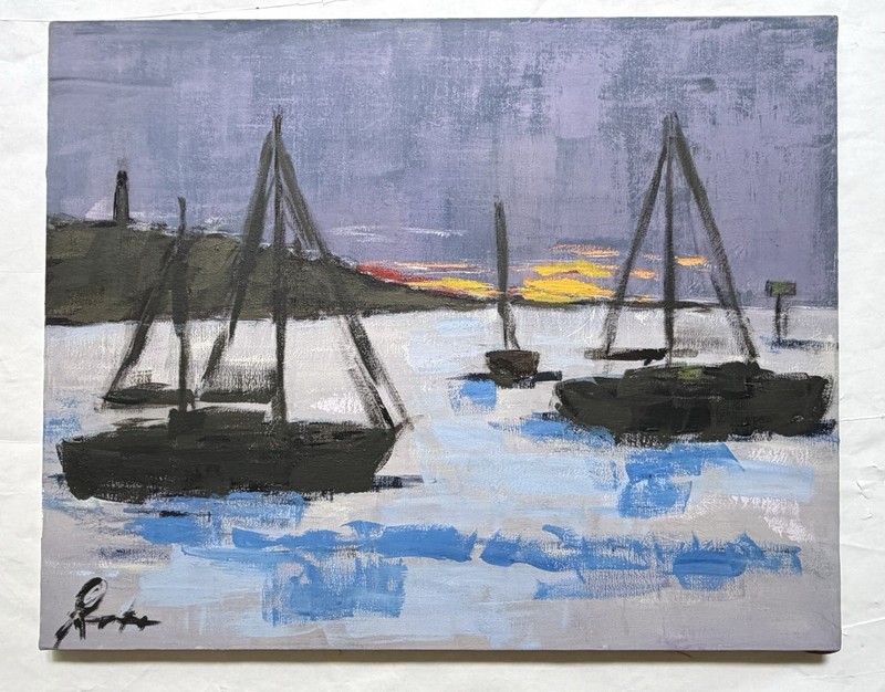 Vintage Acrylic Coastal Art Painting Signed Sailboat Harbor Sunrise Sunset MCM