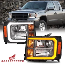 LED DRL Headlights Black Housing For 2007-2013 GMC Sierra 1500 2500HD 3500HD