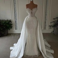 Luxury Mermaid Wedding Dresses Strapless Beaded Lace Detachable Bridal Gown