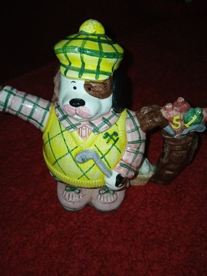 Fitz and Floyd Omnibus OCI Dog Golfer Candy 1993 Argyle Sweater Golf Clubs Bag
