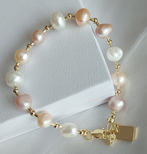 Baroque Pink & White Pearl Beaded Charm Bracelet Gold Tone Lobster Clasp