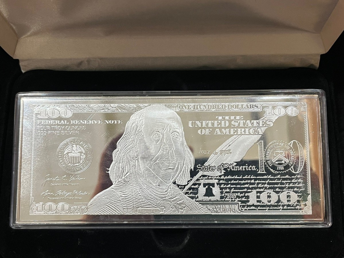 4 oz Silver Bar - 2023 Benjamin Franklin $100 Bill (w/Box & COA