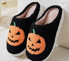 Womens Halloween Slippers Black Pumpkin Embroidered Slip On Shoes Sz s m L