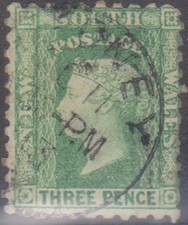 (F369-30) 1880 NSW 3d green small diadem stamp (AE)