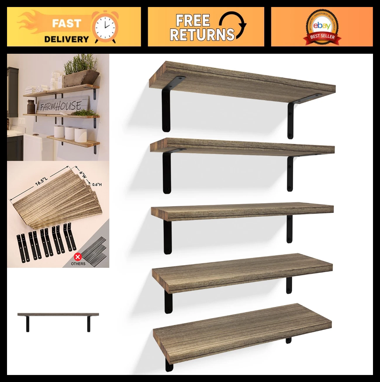 Rustic Wood Floating Shelves Set of 5 - Farmhouse Wall Décor for Bathroom, Kitch