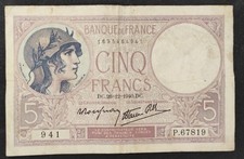 France 5 Francs banknote, purple, dated 26/12/1940, P.67819 Ref F.04/18,...