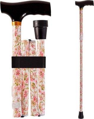Foldable Cane Walking Stick Floral Aluminum  Black Derby Handle Slip Resistant