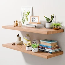 36 Inch Solid Oak Floating Shelves for Wall - Natural 12 Inch Deep Wall Shelf...