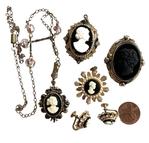Vintage 60's Costume Jewelry Lot, Faux Cameo Necklace Murano Beads, Coro Brooch