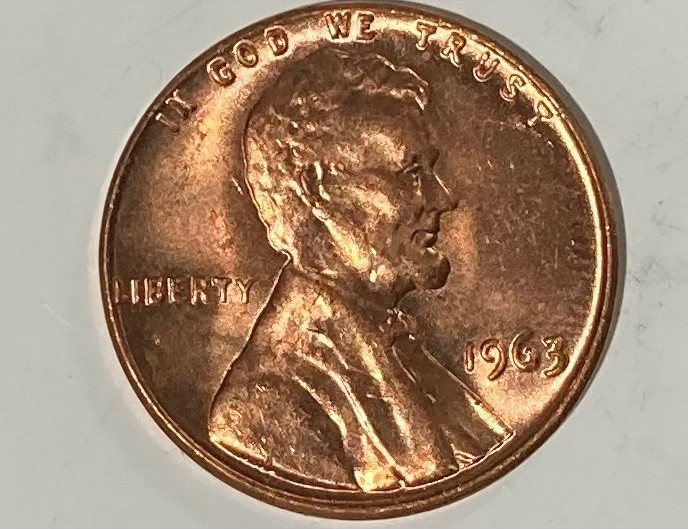 1963-D LINCOLN MEMORIAL PENNY, VF/AU, "L" ON RIM, "IN GOD WE TRUST" DOUBLED