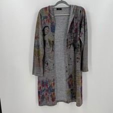 Inoah Art to Wear Hooded Duster Cardigan Jacket L Grey Open Front Made in USA