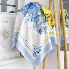 Blue Yellow Floral Print Silk Square Scarf for Women