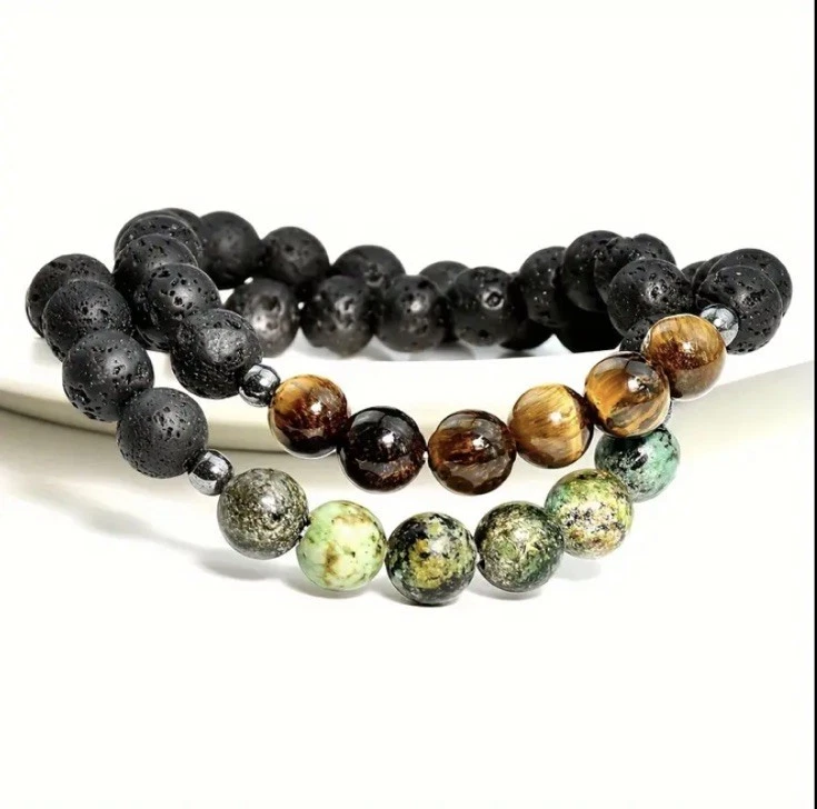 ✅Armband 2er Set Tigerauge Lavastein Afrika. Grün Edelstein Perlen Naturstein ✅ - Bild 4 von 4