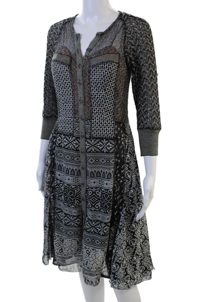 Byron Lars Womens Fit & Flare Shirt Dress Black Floral Boho Size 2 - Image 2 of 4