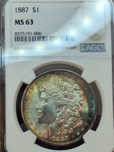 1887-P Morgan Silver Dollar MS63 NGC with Obv&Rev Rainbow Crescent Moon Toning
