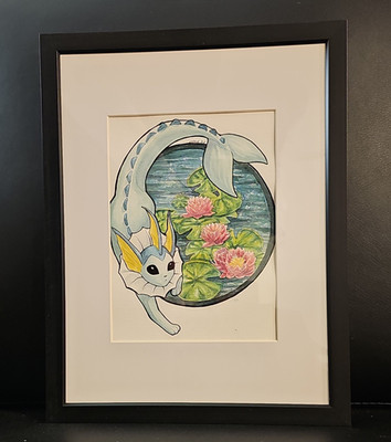 Original Drawing - Vaporeon, Fantasy Creature, Water Lilies, Watercolor, Framed