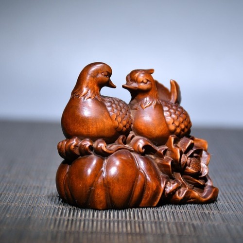 Antique Collection Sculpture Lovebirds Mandarin Duck Statuette Wooden Carving - Picture 2 of 11