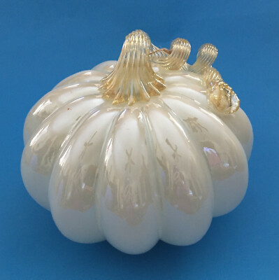 NEW 7'' wide WHITE Art Glass Pumpkin with Amber Gold Stem Fall Autumn 