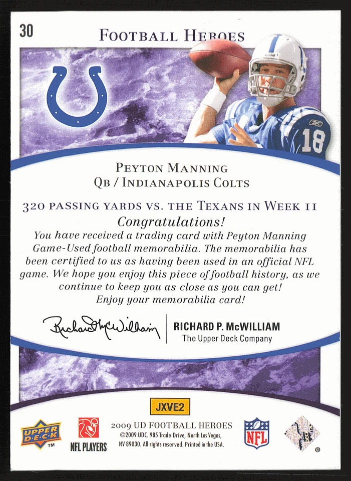 2009 Upper Deck Heroes #30 Peyton Manning Jerseys Purple #/50 MEM,SN - Image 2 of 2