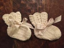 Vintage 1960s Knitted Crocheted Yellow Baby Booties Socks