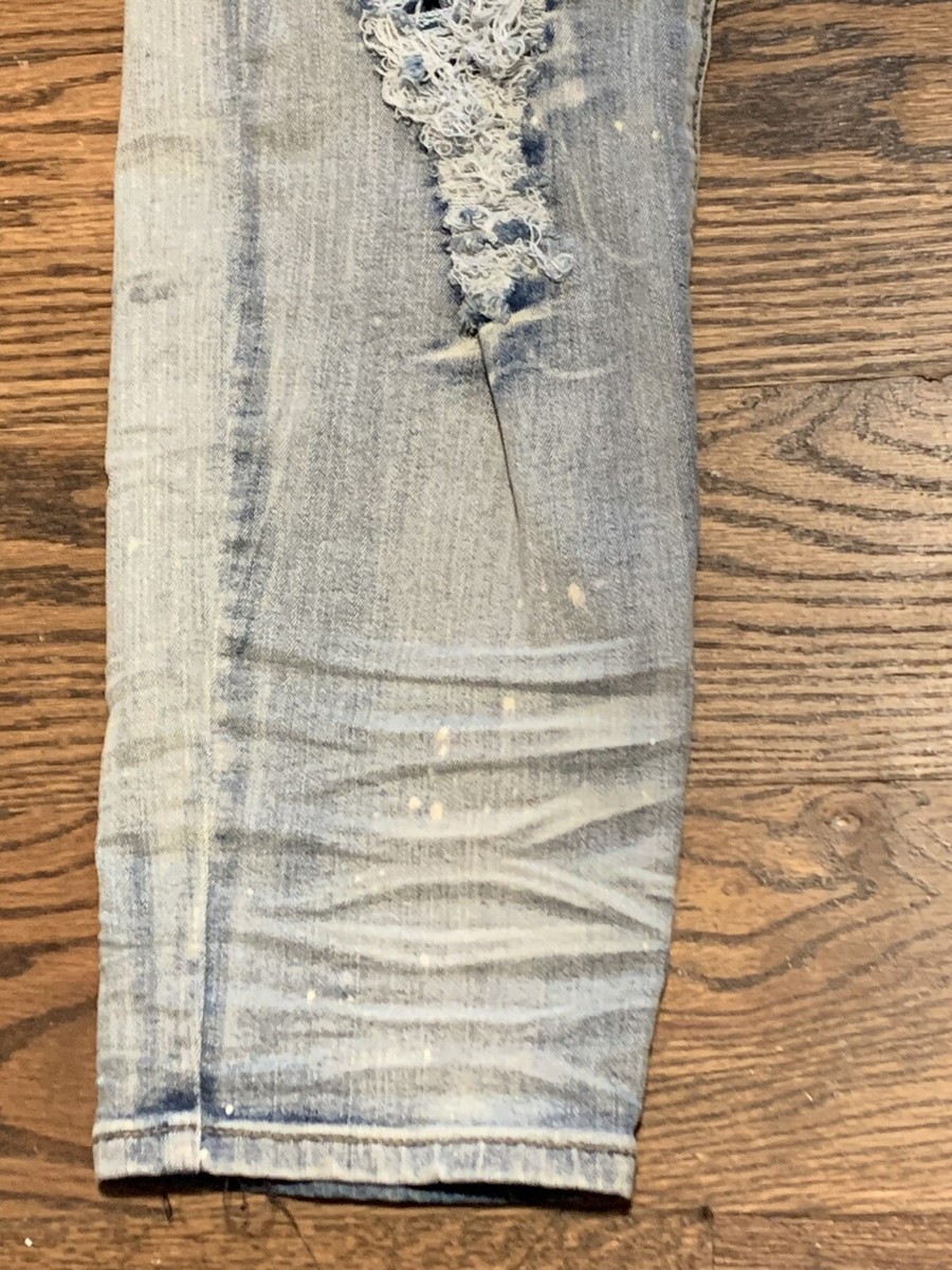 WAIMEA Mens Heavy Distressed Paint Drip Blue Jeans, Hip Hop