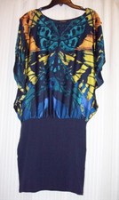 EXPRESS Abstract Butterfly Print Flutter-sleeve Satin Blouson Knit Mini Dress XS