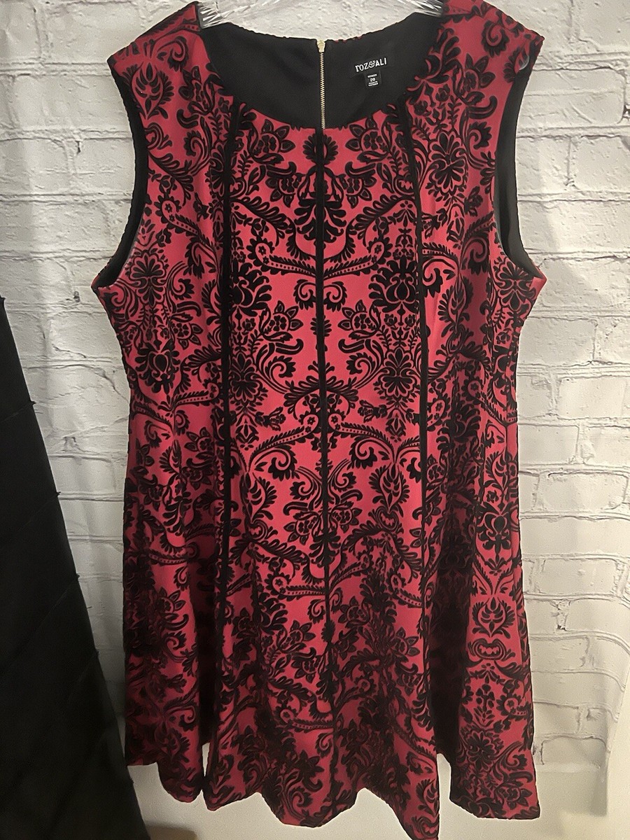 Roz & Ali Red/Black Tank Dress Black Velvet Pattern Zip Entry Women's Size  20 | eBay