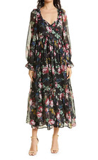 ByTimo Floral Wrap Long Sleeve Chiffon Gown SZ S Black Multi