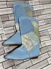 NOS leather boots Women 6.5 patchwork blue Mervyns Western Almond Toe boho VTG