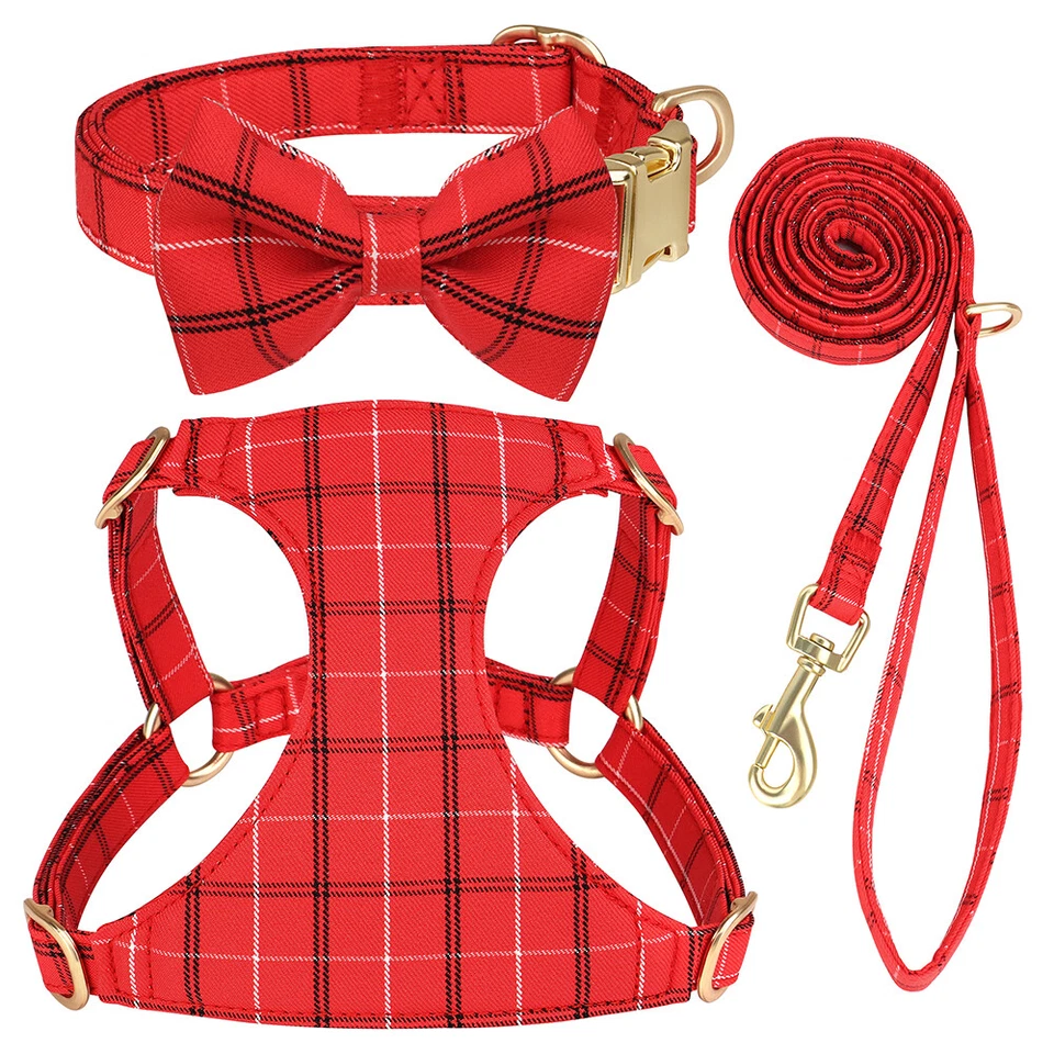 Plaid No Pull Dog Harness with Leash and Bow Tie Collar Set Escape Proof Vest - Image 3 of 4