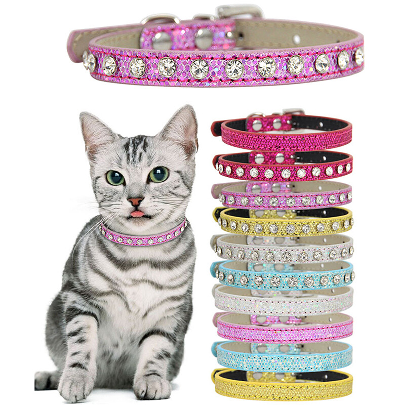 Pet PU Leather Cat Collar Rhinestones Crystal Diamond Cat Puppy