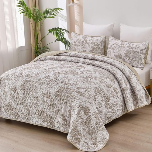 WONGS Queen 3-Pc Botanical Quilt Set-Toile Floral Microfiber Coverlet All Season - Picture 26 of 103